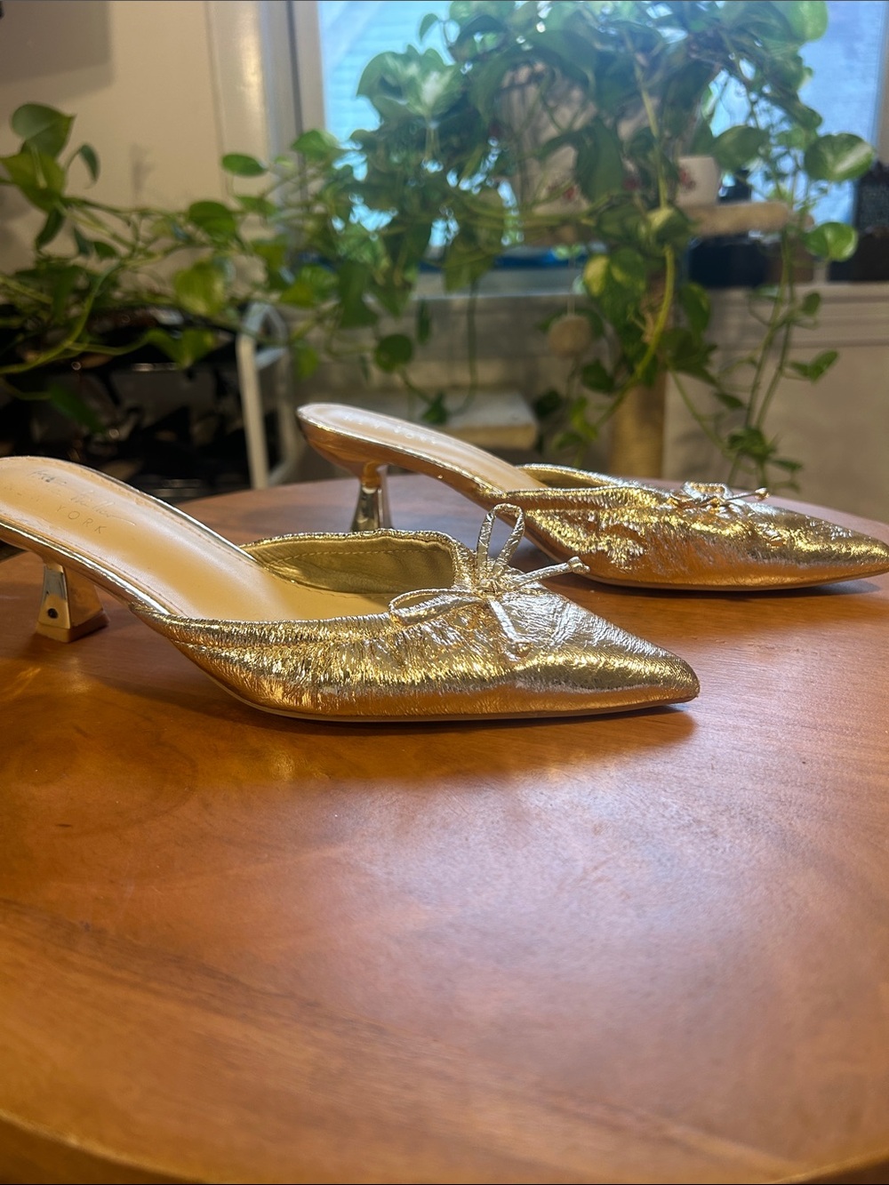 Nicole Miller Metallic Gold Pointed Herled Mule with Decorative Bow